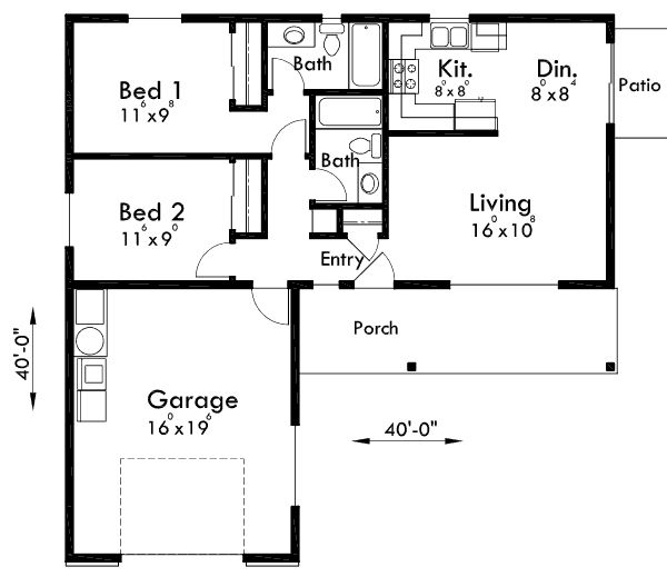 the floor plan for a two bedroom, one bath house with an attached garage and living room