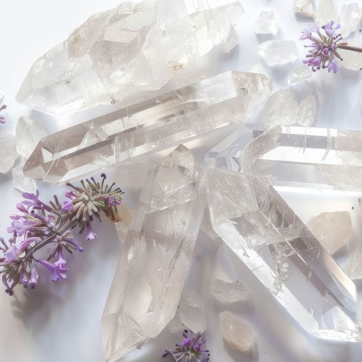 crystals and lavender flowers on a white surface with water drops coming from them to the ground