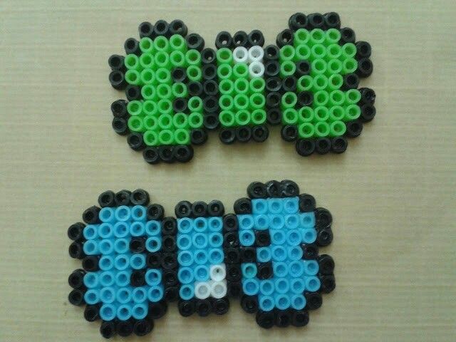 two pieces of bead art made to look like the characters from mario and luigi