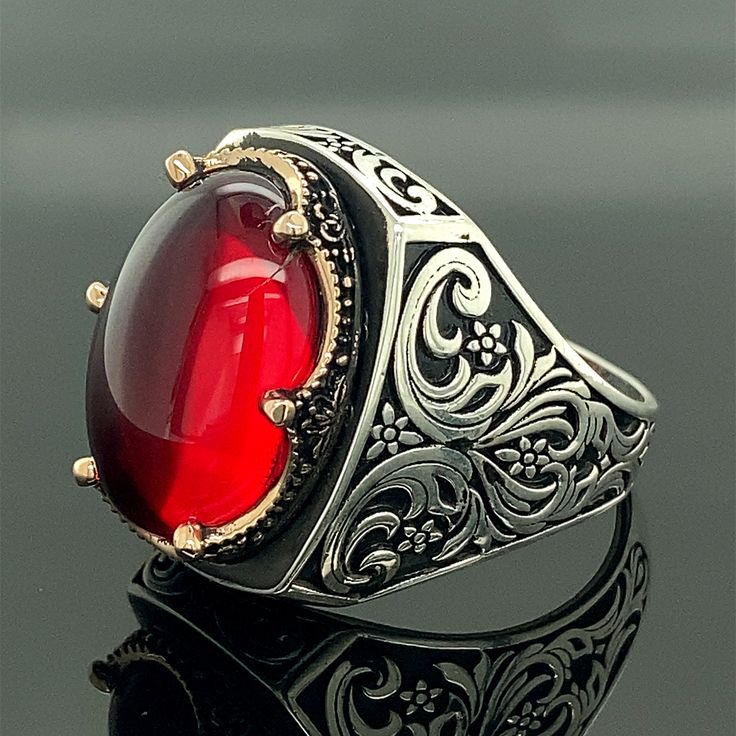 Men Handmade Ring , Ruby Stone Ring , Red Gemstone Ring , Ottoman Style Ring , 925k Sterling Silver Ring , Gift For Him ★Item Details * Gender : Male / Female * Material : 925K Sterling Silver * Total weight : 15 Grams * Gemstone : Ruby Stone * Stone Size : 15x20 mm ✔ Ready to Ship in 1-2 Business Days .. ✔ Shipped to the Worldwide 1-5 business days with free shipping... ✔ The product will be sent to you with a handmade wooden box to avoid any damage during shipping... ✔ Visit our store, browse Fantasy Rings Magic, Fantasy Rings, Ruby Stone Ring, Mens Ruby Ring, Man Rings, Stone Rings For Men, Red Ruby Ring, Red Gemstone Ring, Fantasy Ring