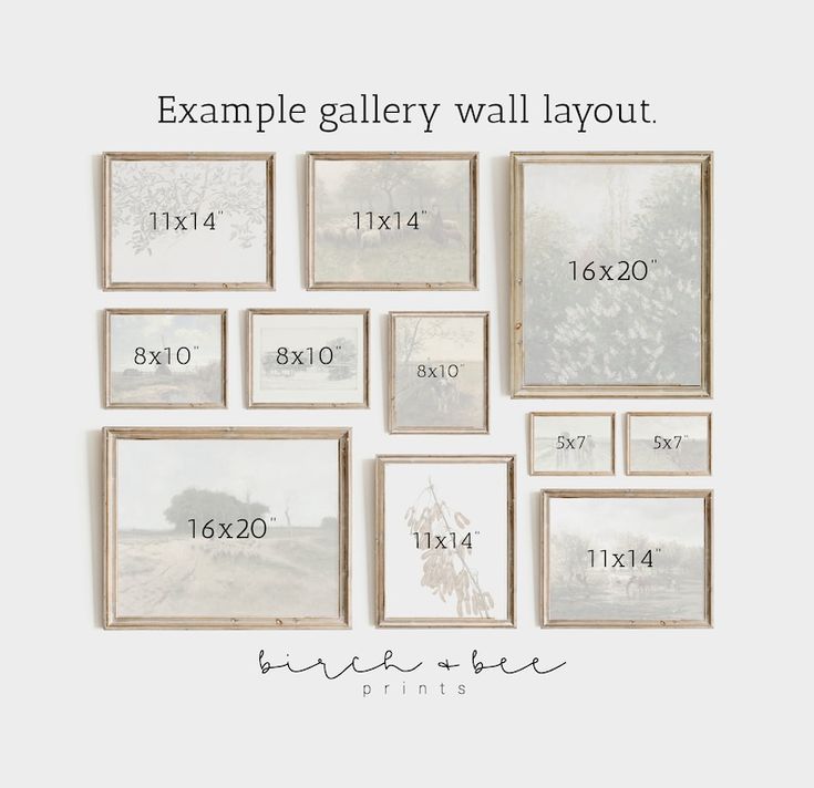 an assortment of framed and unframeed art pieces with the text example gallery wall layout