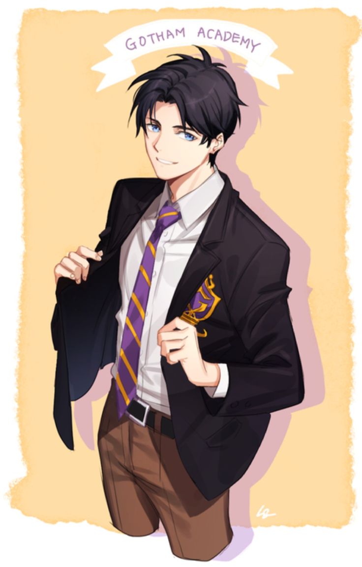 a drawing of a man in a suit and tie with the caption gotham academy