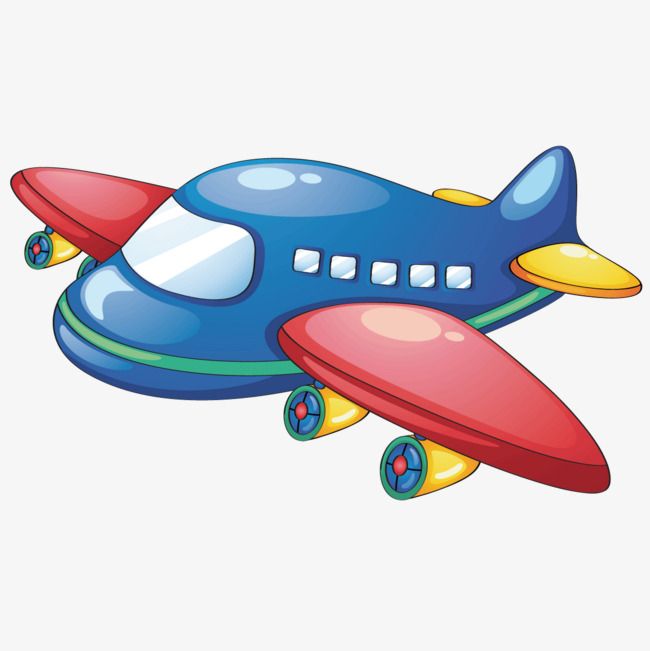 a blue and red toy airplane flying in the sky