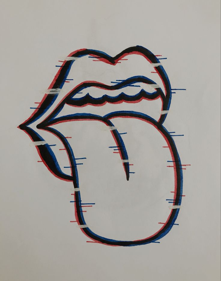 the rolling stones logo painted on a white paper with blue, red and black lines