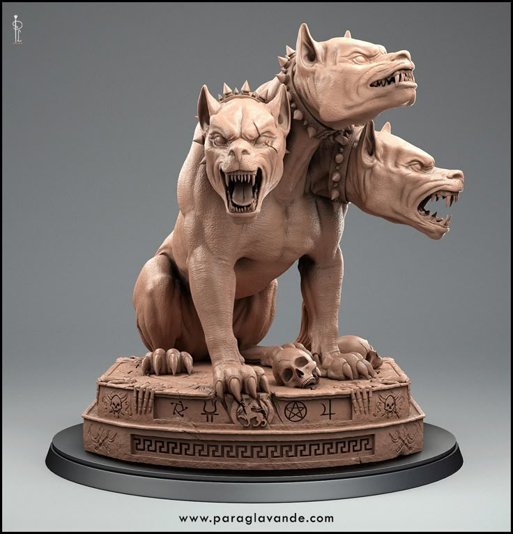 a statue of two dogs with their mouths open and teeth out, on top of a pedestal