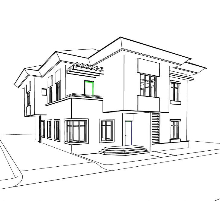 a drawing of a two story house with windows and balconies on the second floor