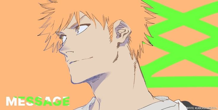 an anime character with orange hair and white shirt looking to his left, in front of a green background