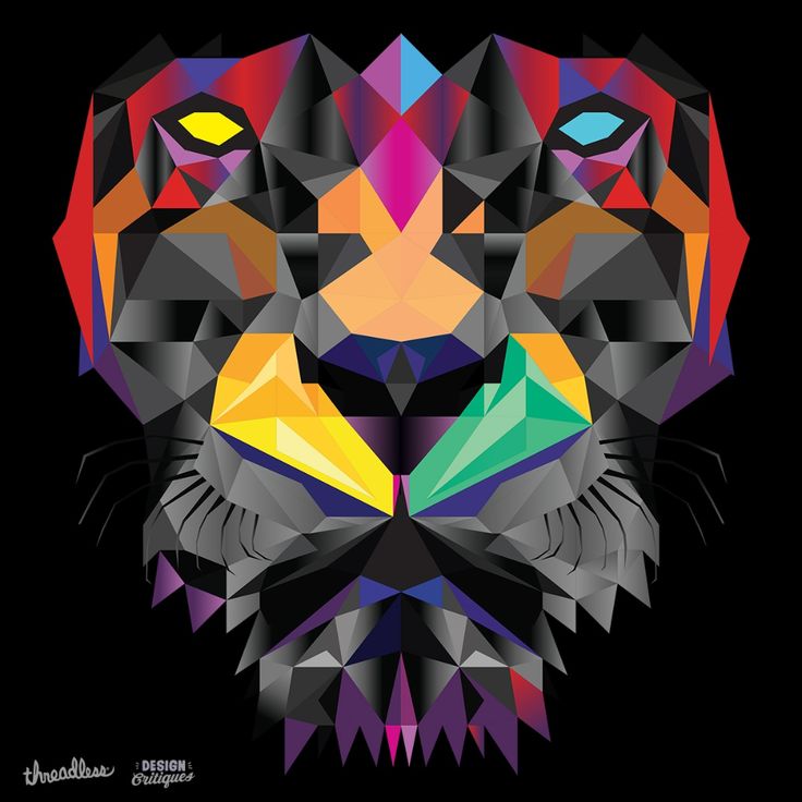 the head of a tiger made up of geometric shapes on a black background with an orange, yellow and green eye