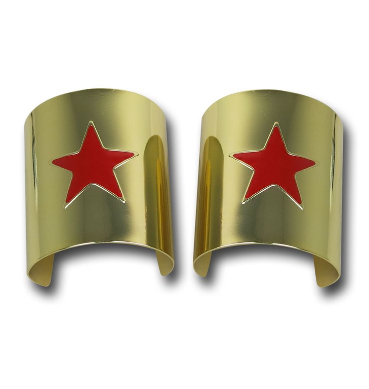 two gold cuffs with red stars on them