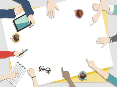 a group of people sitting around a table with coffee and papers on top of it