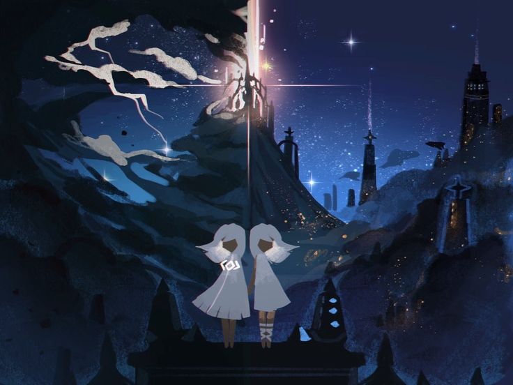 two people standing on top of a hill looking at the stars in the night sky