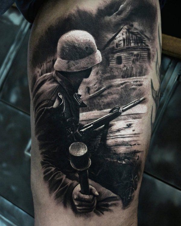 Black and white tattoo with war motif gives the image a dose of seriousness and darkness that necessarily carries with it a war. Eliot Kohek, Tatoo 3d, Soldier Tattoo, Army Tattoos, Half Skull, Annecy France, Kunst Tattoos, Military Tattoos, Fusion Ink