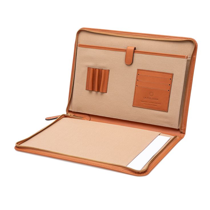 an open briefcase with papers and pens in it on a white background, there is also a clipboard for writing