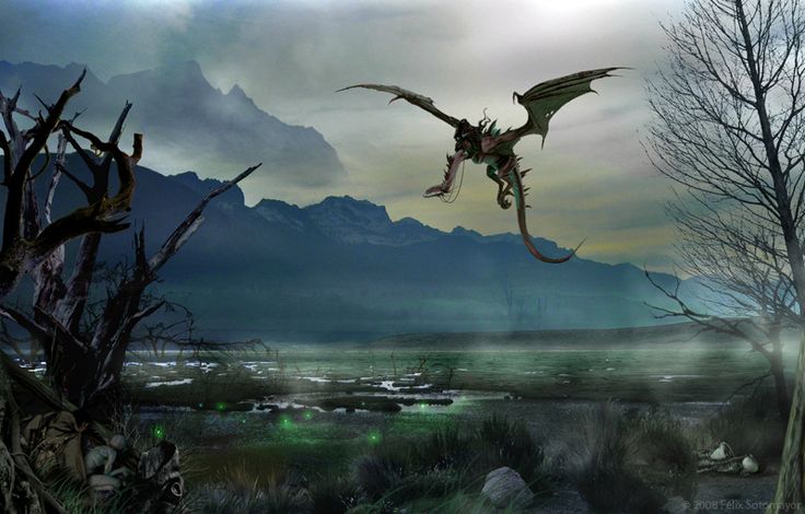 a digital painting of a dragon flying in the sky over a field and mountain range