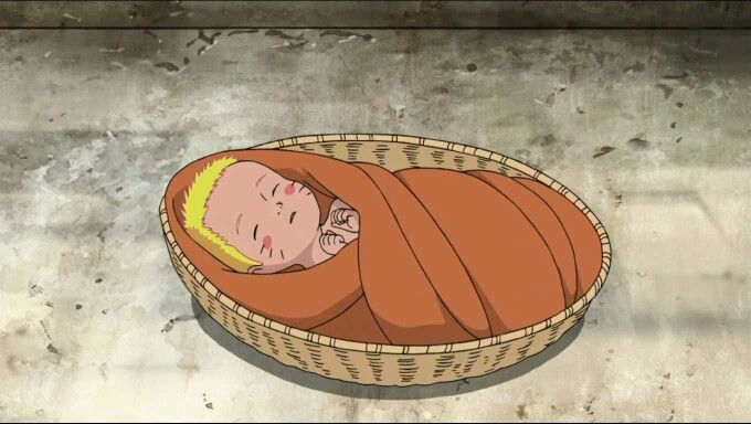 a cartoon image of a baby in a basket