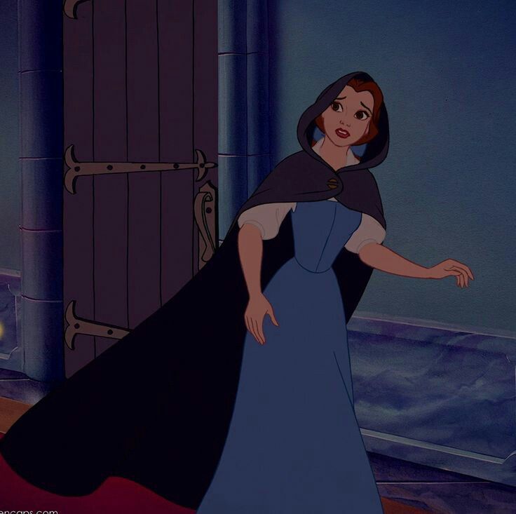 an animated image of a woman in a blue dress and black cape standing next to a door