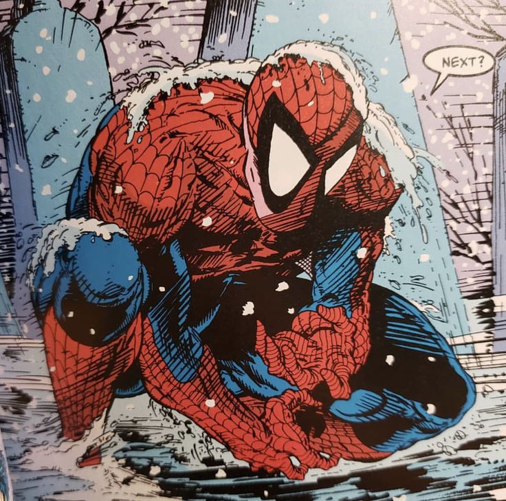 the amazing spider - man is on his knees in front of a snowy cityscape