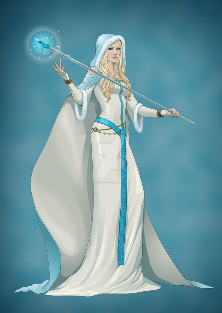 a woman dressed in white holding a wand and wearing a long dress with blue trims