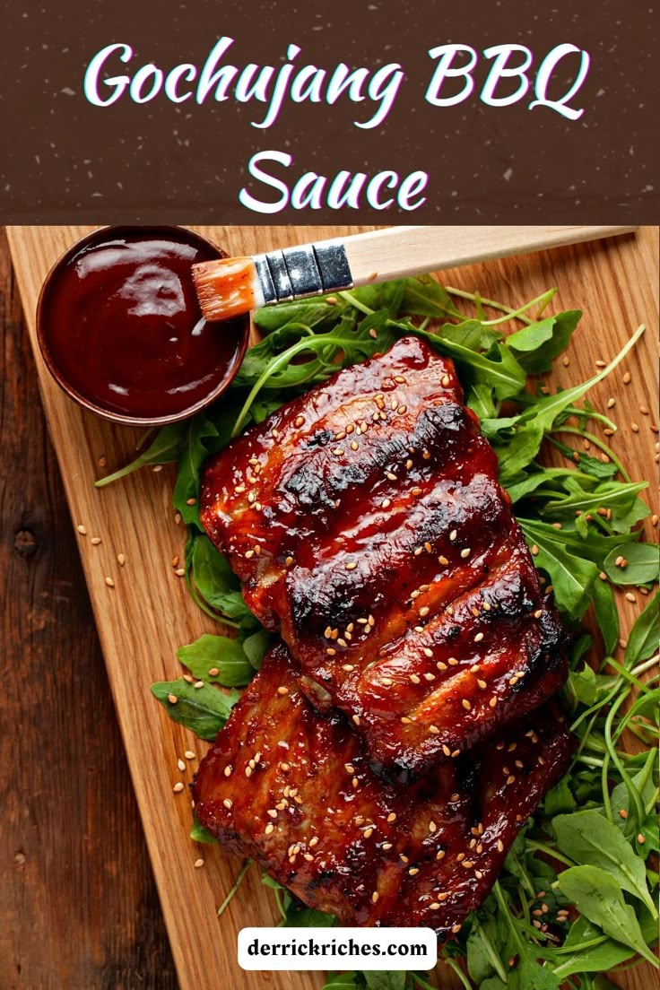 grilled pork chops on a wooden cutting board with sauce