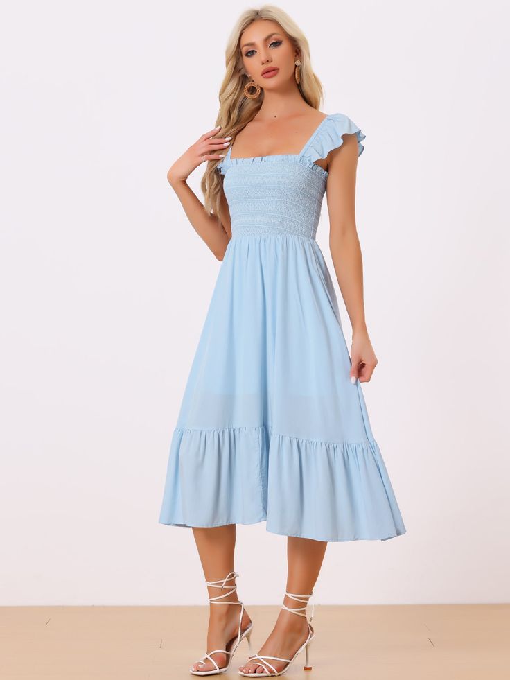 Shop Allegra K for boho midi square neck ruffle tiered flowy smocked sundress you are looking for, get more women's dresses for yourelf. Order now! Free Returns! Blue Midi Dress With Elastic Neckline, Light Blue Casual Midi Dress With Smocked Back, Blue Smocked Midi Dress For Daywear, Blue Flowy Smocked Sundress, Blue Ruched Midi Smocked Dress, Blue Ruched Smocked Dress With Square Neck, Blue Knee-length Midi Dress With Smocked Back, Blue Smocked Ruched Dress With Square Neck, Blue Smocked Square Neck Dress For Daywear