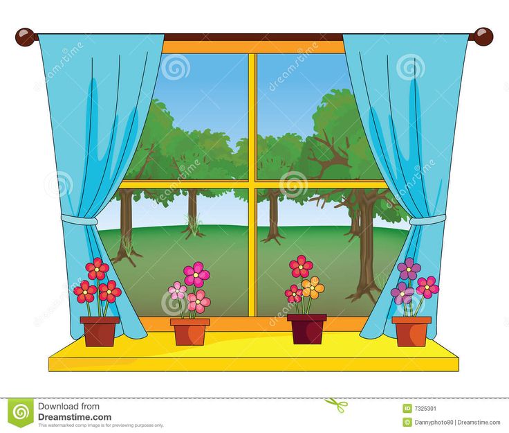 an open window with blue curtains and potted flowers on the windowsill, in front of