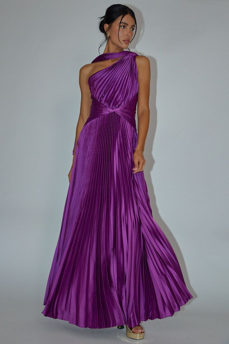 Shop the Laxmi Accordion Pleat Maxi Dress Purple | Selfie Leslie Pre-draped Satin Maxi Dress, Full Length Satin Maxi Dress For Evening, Evening Full Length Satin Maxi Dress, Pre-draped Pleated Silk Dress, Pre-draped Satin Gown, Pre-draped Evening Dress With Pleated Back For Party, Pleated A-line Maxi Dress For Party, Ruched Maxi Dress For Gala During Prom Season, Pre-draped Maxi Dress For Prom Evening