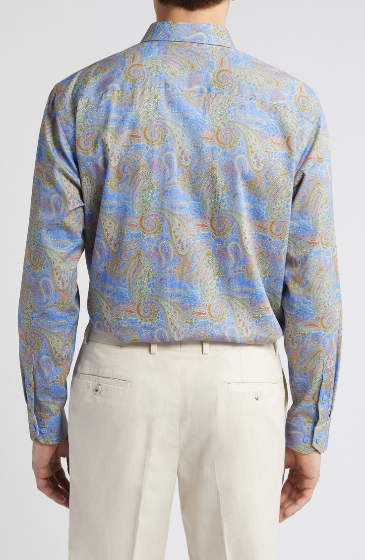 Pastel paisleys look graceful and subtly mod on a cotton sport shirt that's going to make a good impression wherever it's worn. Front button closure Spread collar Long sleeves with convertible, adjustable button cuffs Chest patch pocket 100% cotton Machine wash, dry flat Imported Elegant Patterned Cotton Tops, Elegant Multicolor Cotton Shirt, Classic Printed Tops For Formal Occasions, Classic Paisley Print Button-up Shirt, Classic Fitted Patterned Tops, Fitted Paisley Print Button-up Top, Classic Patterned Top For Formal Occasions, Formal Multicolor Cotton Shirt, Classic Long Sleeve Shirt With Paisley Print