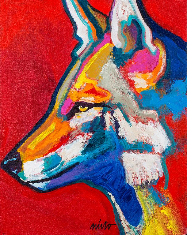 an acrylic painting of a wolf on a red background, with the colors of blue, yellow, and orange