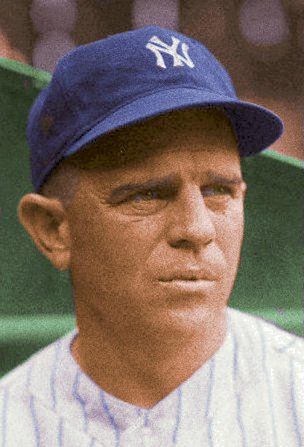 an old photo of a baseball player wearing a new york yankees hat and uniform with the number 47 on it