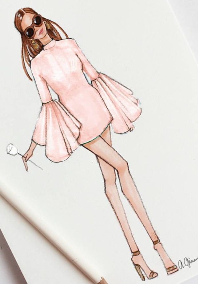 a drawing of a woman in a pink dress with sunglasses on it's head