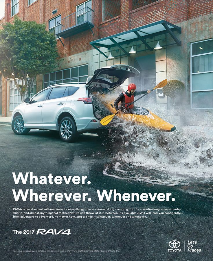 an advertisement for the new rav4 suv with a kayak in the trunk