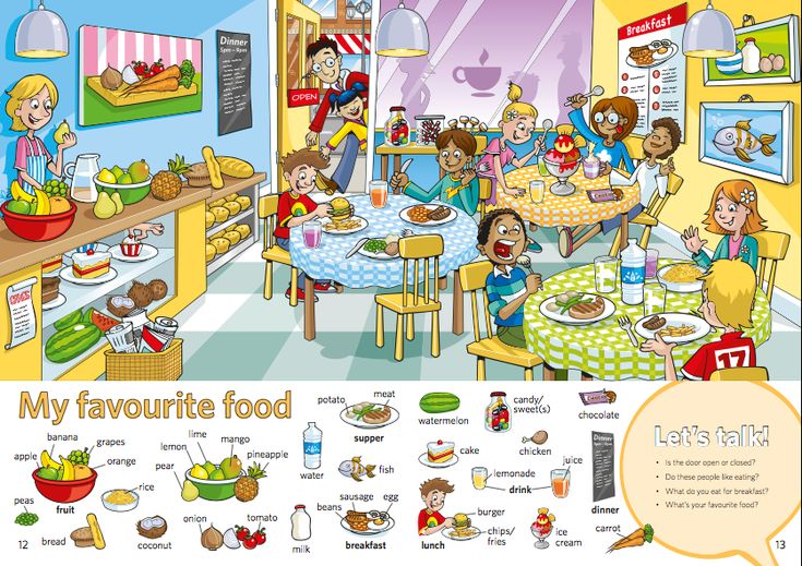 an image of a family eating together at the table in their kitchen with words describing what food they are