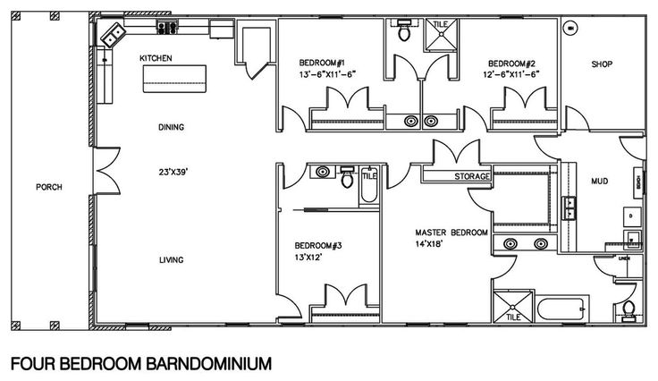 the floor plan for a four bedroom, two bathroom apartment with an attached kitchen and living room