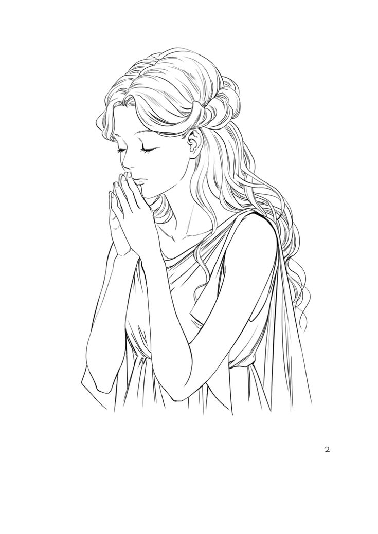 a drawing of a woman praying with her hands clasped to her chest, in black and white