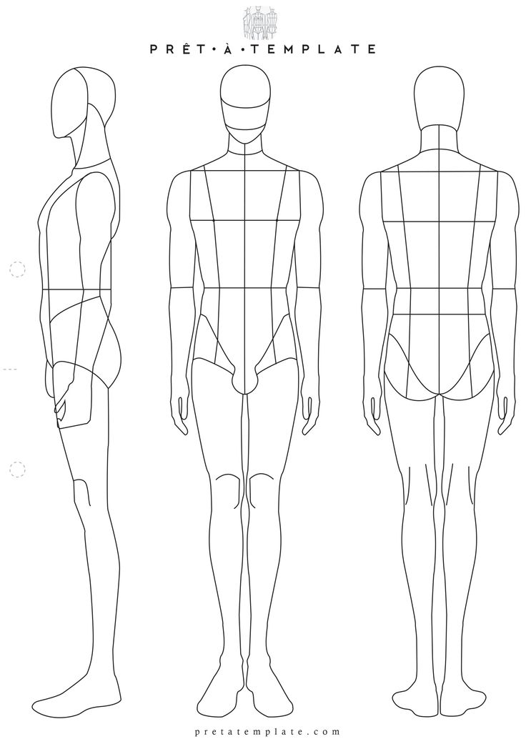 the front and back view of a male mannequin's body, with different angles