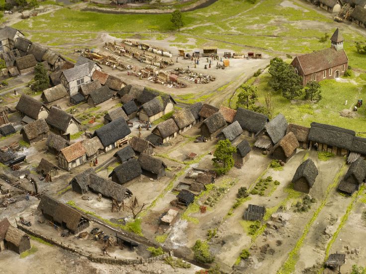 an aerial view of a village in the middle of a field with buildings and trees