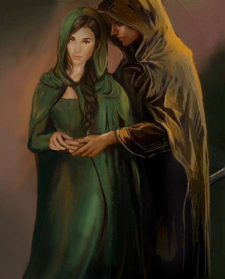 a painting of a man and woman dressed in medieval clothing standing next to each other