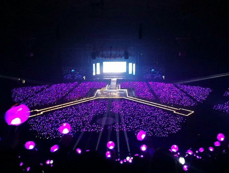 the stage is lit up with purple lights and people are seated in it for a concert