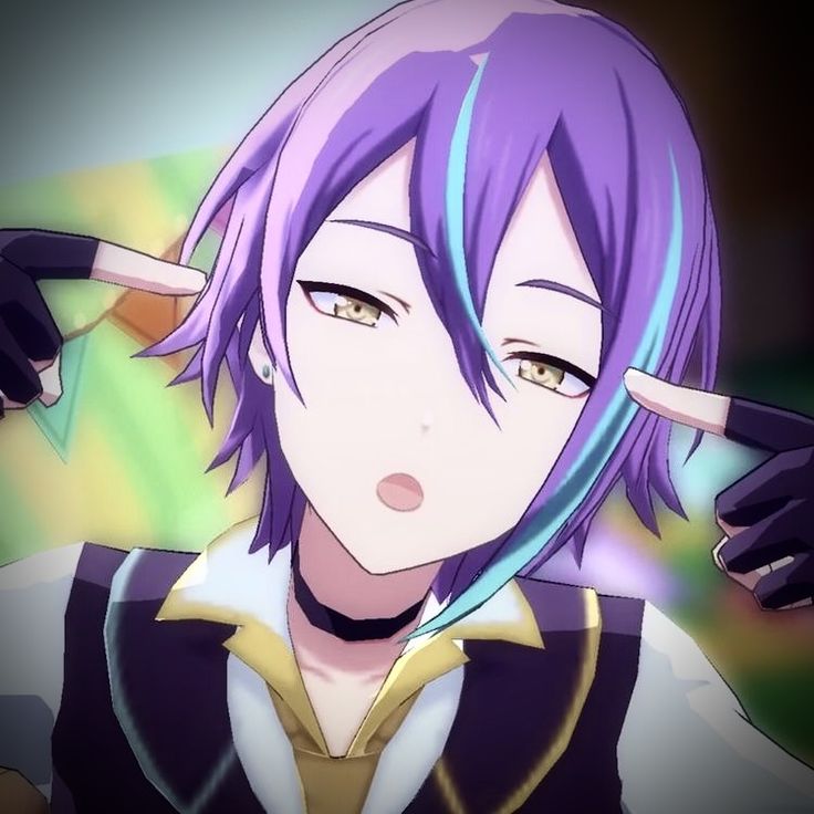 an anime character with purple hair and blue eyes pointing his finger at the viewer's ear