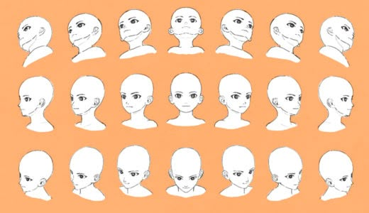 an animation character's head and various facial expressions, with different angles to each face