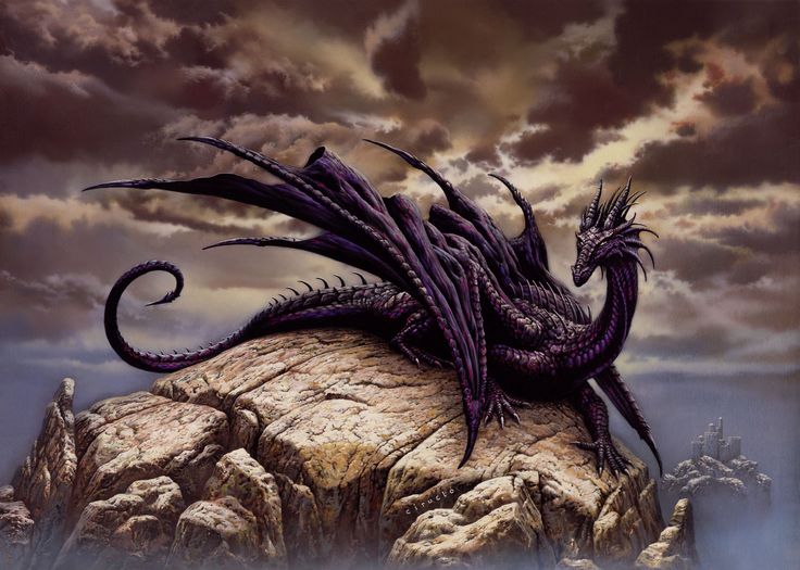 a large purple dragon sitting on top of a rocky cliff under a cloudy sky with dark clouds