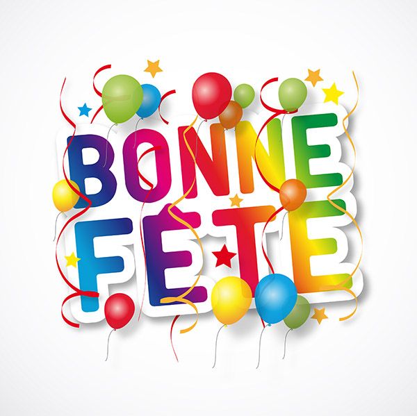 the word bone fete surrounded by balloons and streamers on a white background with stars