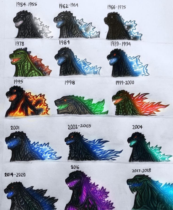 the godzillas are all different colors and have black, red, blue, green, orange