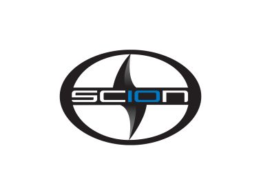 the scion logo is shown in black and blue on a white background, as well as