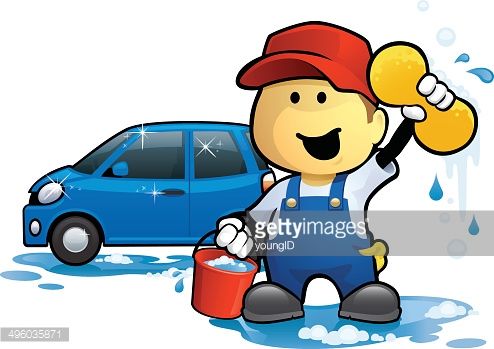 a cartoon car washes it's windows with a sponge and a sprayer