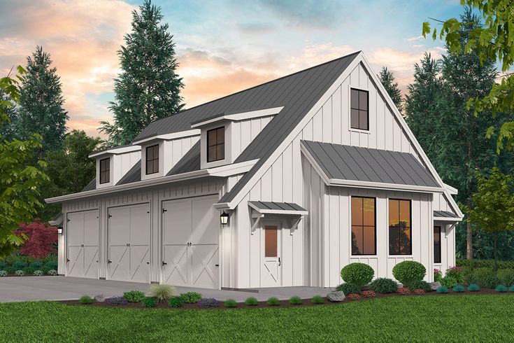 this is an artist's rendering of a two - story barn style home in the woods