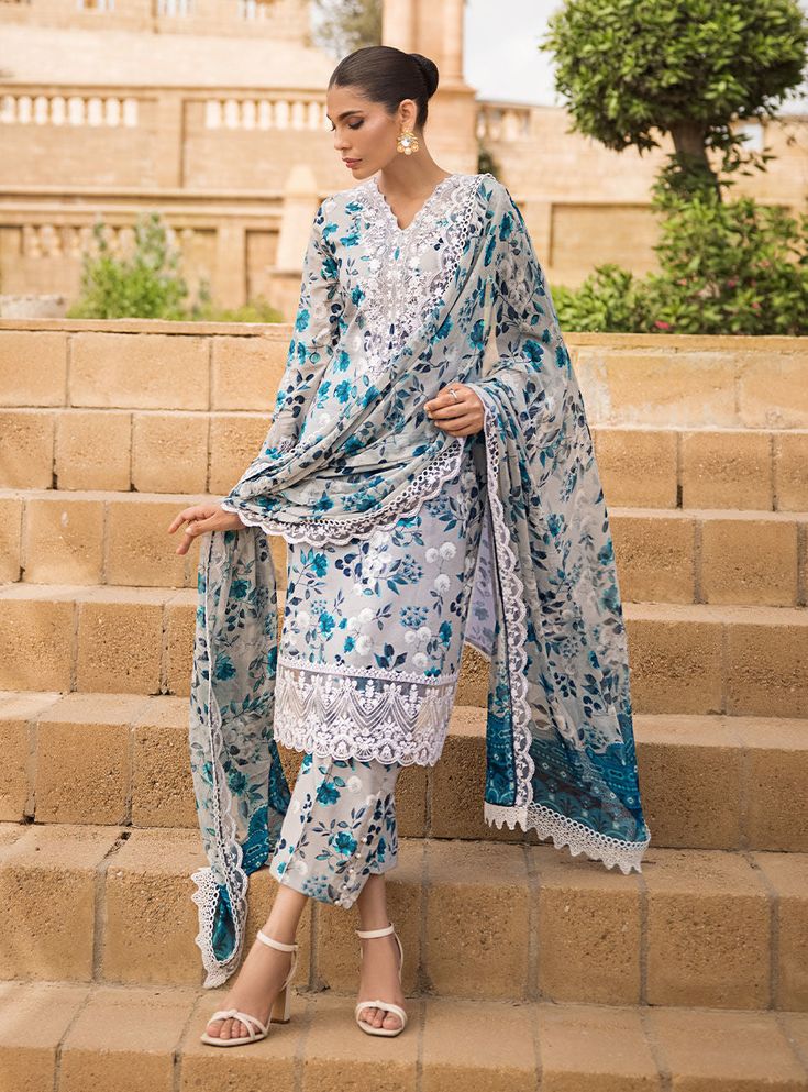 Zainab Chottani Panchhi 4A Luxury Lawn Collection Original brand suit fabric and photography lite diffrance in actual print. Designer Wear White Floral Print Dupatta, Designer White Floral Print Dupatta, White Floral Print Traditional Wear For Eid, Designer White Dupatta With Printed Motifs, Elegant White Dupatta With Printed Border, Summer Designer Wear Sets With Digital Print, Summer Designer Sets With Digital Print, Summer White Dupatta With Printed Motifs, Summer Floral Print Mulmul Dupatta