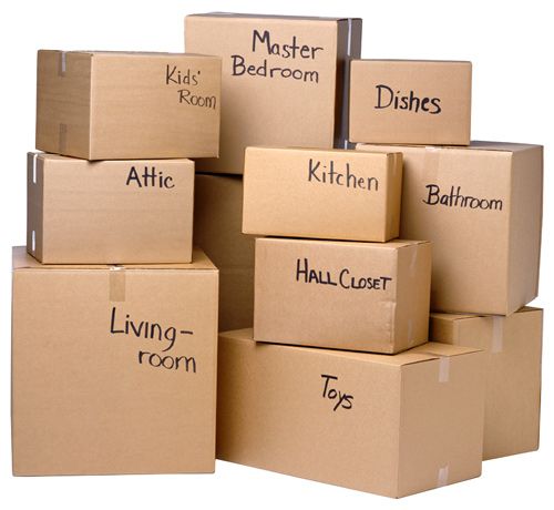 boxes stacked on top of each other with the words moving mania written in red above them