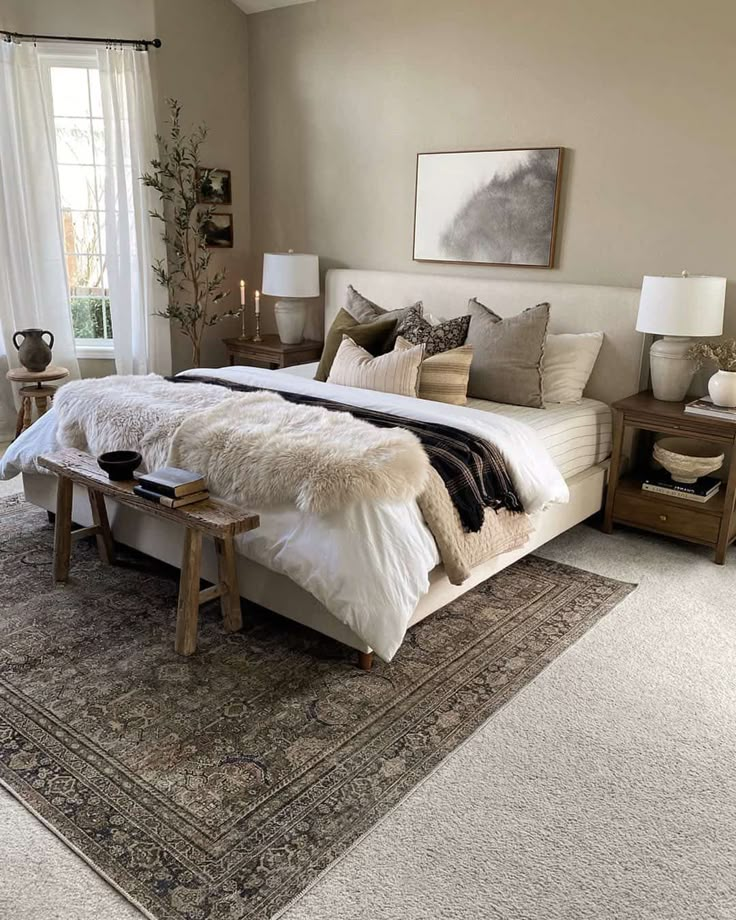 a large bed sitting on top of a rug in a bedroom