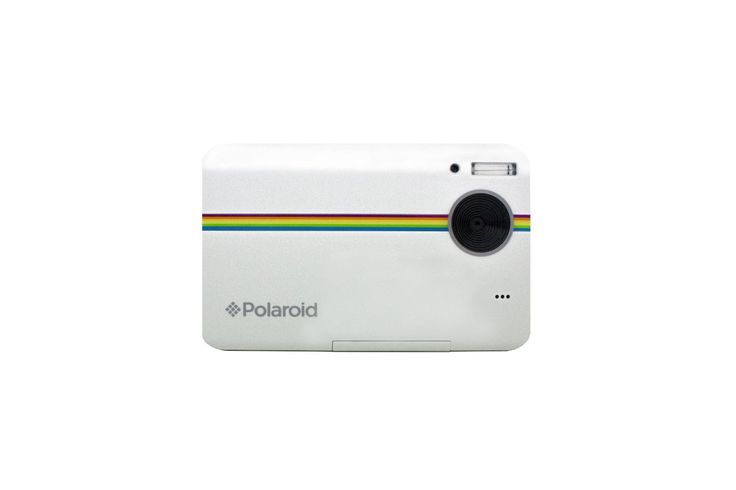 the polaroid camera is white and has a rainbow stripe on its front side,